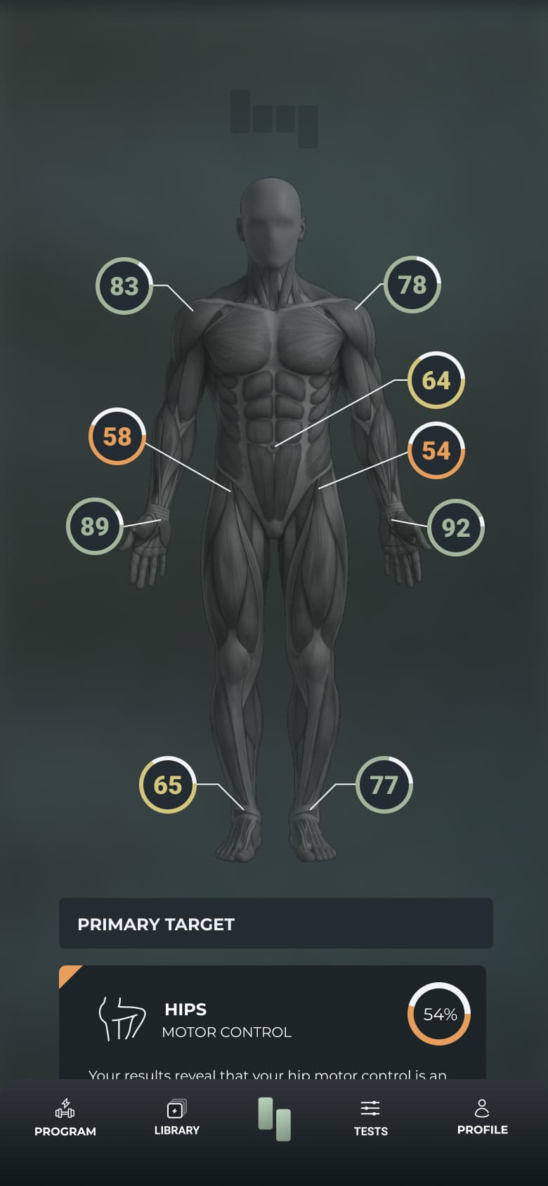 App Deep: silhouette interattiva che mostra i punteggi per zona muscolare